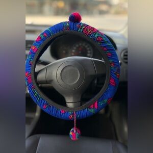 Bohemian Floral Print Steering Wheel Cover - Multicolored with Tassels (One Size
